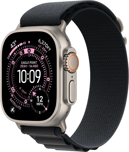 Apple Watch Ultra 3 49 мм, корпус из натурального титана, ремешок Alpine черного цвета, размер L